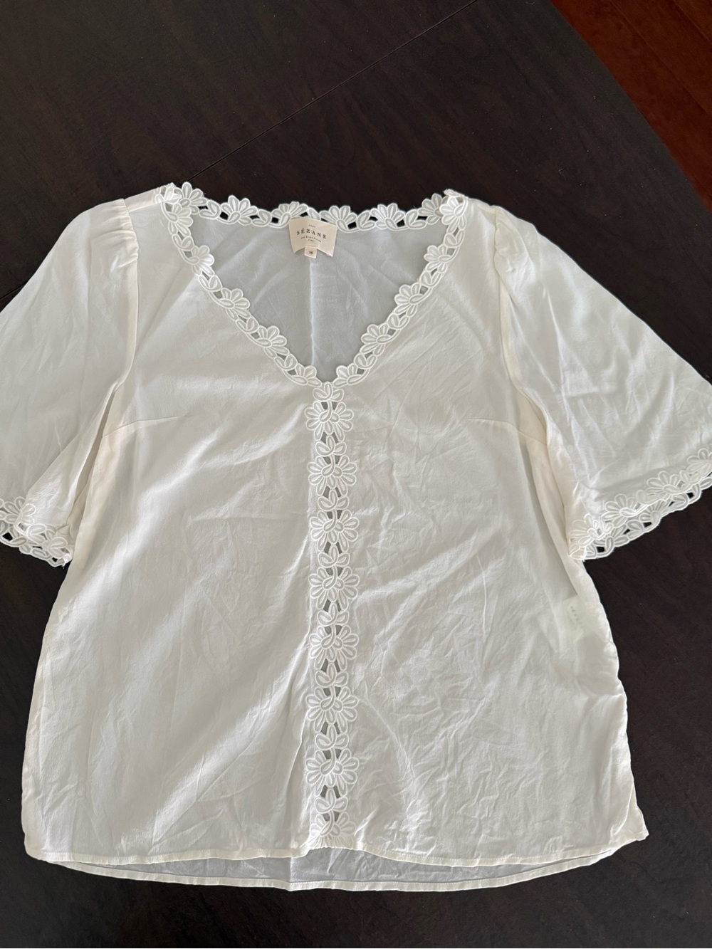 Sezane Silk White Women's Floral Trim Blouse